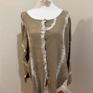 Free People Intimately Tan and White Button-Down Sleep Shirt